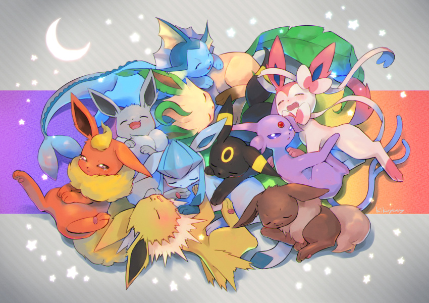 alternate_color blush closed_eyes commentary_request crescent eevee espeon flareon gen_1_pokemon gen_2_pokemon gen_4_pokemon gen_6_pokemon glaceon highres jolteon kikuyoshi_(tracco) leaf leafeon looking_at_viewer open_mouth paws pokemon purple_eyes shiny_pokemon sleeping sleepy smile sylveon tearing_up toes tongue umbreon vaporeon