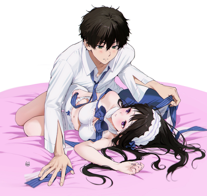 1boy 1girl alternate_costume arm_support artist_logo bare_shoulders bed_sheet blue_pants bow boy_on_top breasts brown_hair chitanda_eru cleavage closed_mouth couple eye_contact green_eyes hair_between_eyes hairband hetero highres hyouka large_breasts long_hair looking_at_another lying madoromi_no_yakusoku mery_(yangmalgage) navel necktie on_side oreki_houtarou pants parted_lips purple_eyes shirt shorts stomach striped_bow striped_necktie teeth white_background white_hairband white_shirt white_shorts