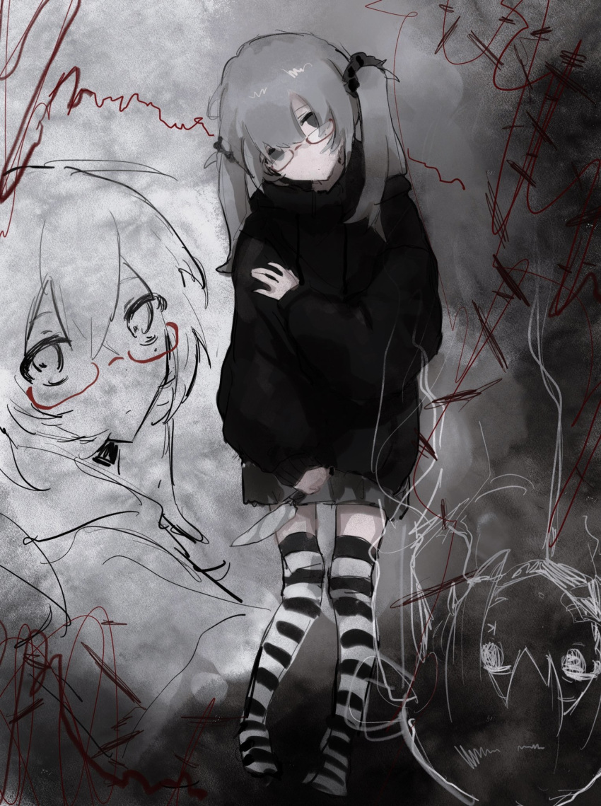 1girl chan8016 closed_mouth empty_eyes expressionless glasses grey_background greyscale highres holding holding_knife hood hoodie knife long_hair long_sleeves looking_at_viewer monochrome original simple_background skirt solo spot_color twintails