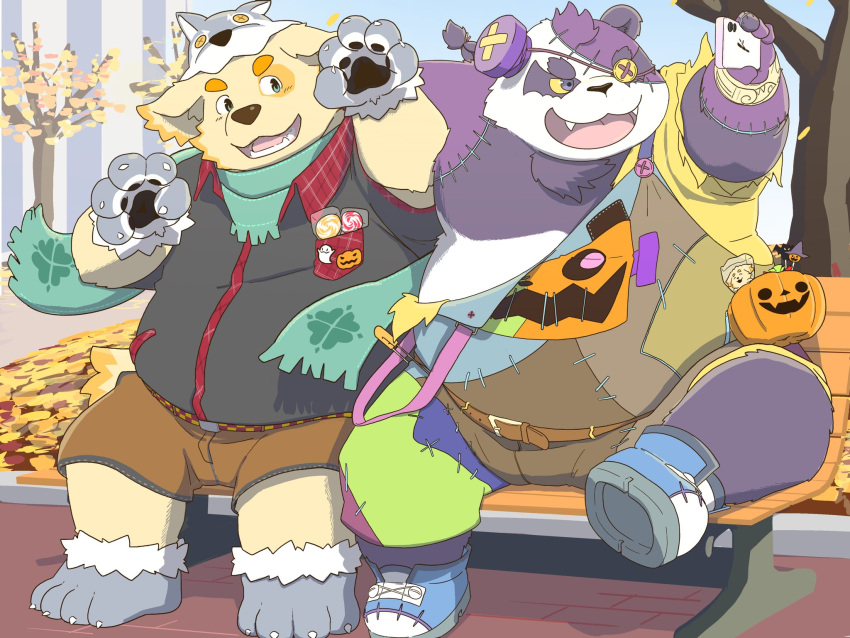 2024 alp_(tas) anthro bear belly bench big_belly bottomwear brown_body canid canine canis cellphone clothing costume cu_sith_(tas) domestic_dog duo electronics giant_panda halloween halloween_costume hi_res holidays kemono lifewonders male mammal outside overweight overweight_male phone plant purple_body scarf shorts sitting smartphone sumeshi_daga tokyo_afterschool_summoners tree white_body