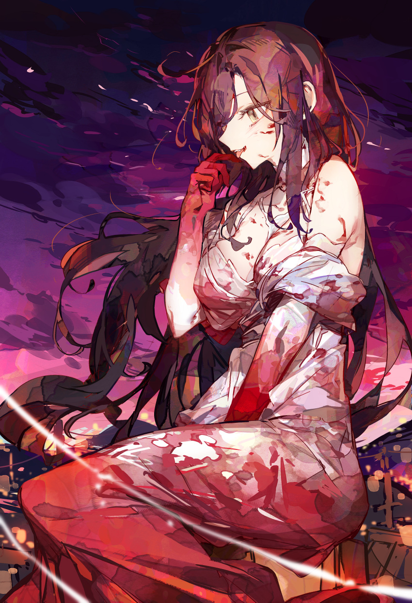 1girl absurdres bare_shoulders blood blood_on_arm blood_on_cheek blood_on_chest blood_on_clothes blood_on_hands blood_on_mouth breasts brown_eyes cleavage cocoballking commentary_request commission decoration_disorder_disconnection dress highres ishizue_kanata large_breasts licking licking_blood licking_finger long_hair pixiv_commission purple_hair purple_sky sitting sky solo very_long_hair white_dress