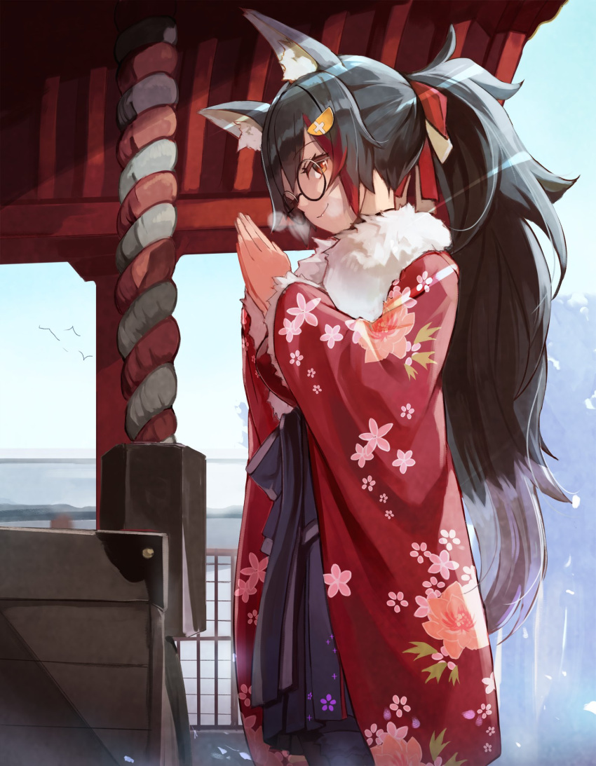 1girl animal_ear_fluff animal_ears bangs black_hair floral_print fur_trim glasses grey_hair hair_between_eyes hair_ornament hairclip hands_clasped highres hololive jacket japanese_clothes kimono long_hair long_sleeves looking_at_viewer multicolored_hair ookami_mio outdoors own_hands_together pleated_skirt ponytail red_hair shrine_bell shrine_tank_(touhou) sidelocks skirt smile solo streaked_hair sue_(bg-bros) tail tail_around_leg tail_wrap very_long_hair virtual_youtuber wolf_ears wolf_girl wolf_tail yellow_eyes
