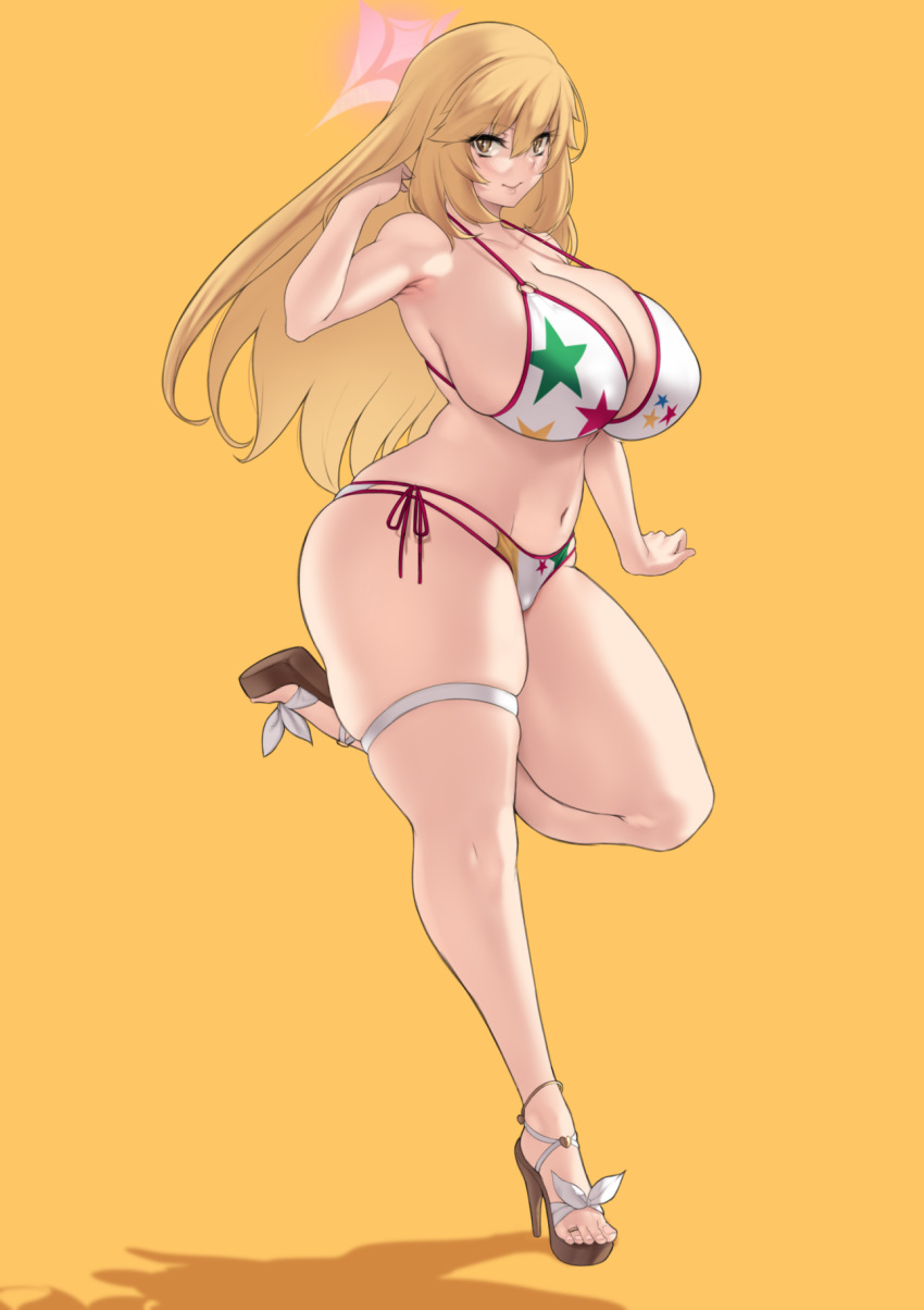 1girl aster_crowley bare_shoulders bikini blonde_hair blue_archive blush breasts brown_eyes cleavage collarbone full_body halo high_heels highres huge_breasts long_hair looking_at_viewer navel official_alternate_costume print_bikini shokuhou_misaki smile solo sparkling_eyes star_(symbol) star_print swimsuit symbol-shaped_pupils thick_thighs thigh_strap thighs toaru_kagaku_no_railgun toaru_majutsu_no_index toaru_majutsu_no_index:_imaginary_fest white_bikini yellow_background