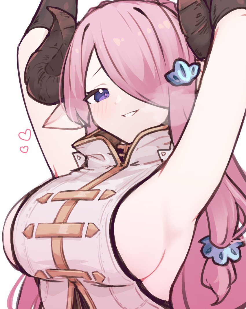 1girl absurdres armpits arms_up black_horns blush braid breasts commentary crown_braid curled_horns granblue_fantasy hair_ornament hair_over_one_eye heavy_breathing highres horns large_breasts looking_at_viewer lyrinne narmaya_(granblue_fantasy) pink_hair purple_eyes shirt sideboob simple_background sleeveless smile solo upper_body white_background white_shirt