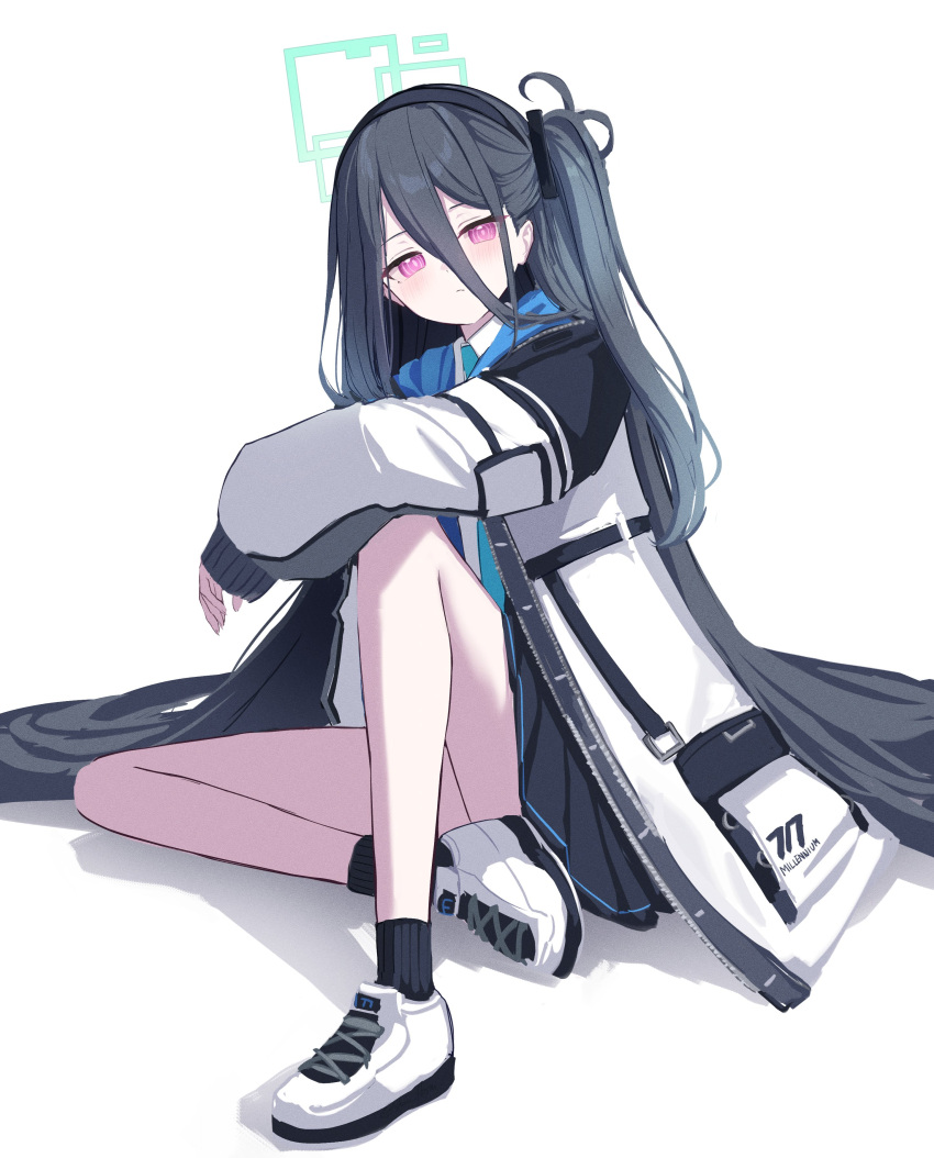 &lt;key&gt;_(blue_archive) 1girl absurdly_long_hair absurdres black_hair black_skirt black_socks blue_archive blue_necktie blush closed_mouth collared_shirt green_halo hair_over_one_eye halo highres jacket long_hair long_sleeves looking_at_viewer necktie open_clothes open_jacket pink_eyes pleated_skirt ringed_eyes shirt shoes simple_background skirt socks solo takashima_shoa very_long_hair white_background white_footwear white_jacket white_shirt