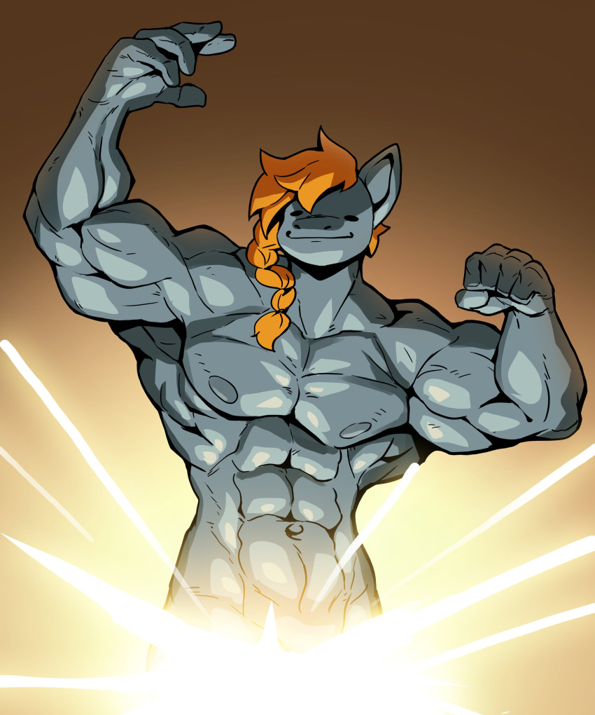 2024 5_fingers abs absurd_res anthro blue_body blue_fur braided_hair ceehaz convenient_censorship dot_eyes dreamy_pride_(character) equid equine fingers flexing fur genitals glowing glowing_genitalia glowing_penis hair hi_res horse male mammal muscular muscular_male navel nipples nude orange_hair pecs penis serratus simple_background smile solo