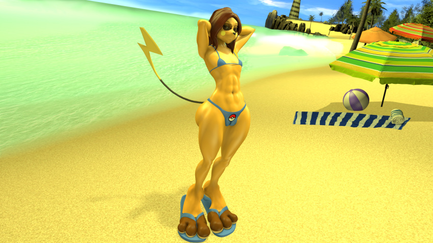 3_toes 3d_(artwork) abs athletic athletic_female beach big_feet bikini bikini_bottom bikini_top casey_(caseytheii) clothing detailed_background digital_media_(artwork) eyewear feet female flat_chested flip_flops footwear generation_1_pokemon hands_behind_head hi_res huge_feet jade4ink looking_at_viewer narrowed_eyes navel nintendo pokeball pokemon pokemon_(species) raichu sandals sea seaside solo source_filmmaker sunglasses swimwear tail toes water