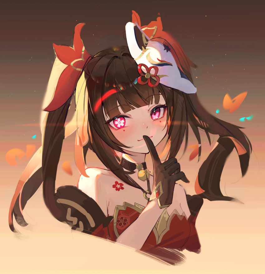 1girl absurdres bare_shoulders bell black_choker black_gloves breasts brown_background brown_hair butterfly-shaped_pupils choker closed_mouth commentary_request cropped_torso dress finger_to_mouth flower-shaped_pupils gloves gradient_background hair_intakes hand_up highres honkai:_star_rail honkai_(series) index_finger_raised jingle_bell mask mask_on_head medium_breasts neck_bell purple_eyes red_dress shushing smile solo sparkle_(honkai:_star_rail) symbol-shaped_pupils twintails upper_body wang_man