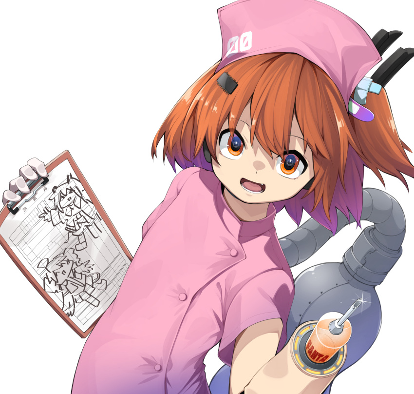 1girl a.i._voice absurdres adachi_rei alternate_costume android bandaid bandaid_hair_ornament canister clipboard commentary_request crossed_bandaids datemegane doodles fang fanta floating_hair glint hair_ornament hairclip hands_up hat highres holding holding_clipboard jacket kasane_teto leaning_back lens_eye looking_at_viewer medium_hair nurse nurse_cap one_side_up open_mouth orange_eyes orange_hair pink_jacket radio_antenna short_sleeves simple_background smile solo syringe tube upper_body utau white_background