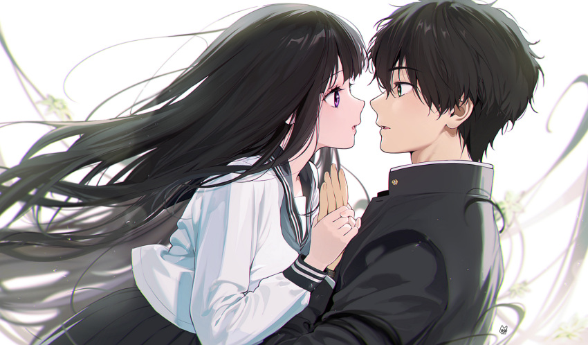 1boy 1girl black_hair black_jacket black_skirt chitanda_eru eye_contact facing_another floating_hair gakuran hetero highres holding_hands hyouka jacket long_hair long_sleeves looking_at_another mery_(yangmalgage) open_mouth oreki_houtarou pleated_skirt profile purple_eyes school_uniform serafuku shirt short_hair skirt straight_hair upper_body very_long_hair white_shirt