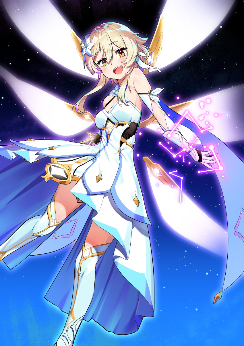 1girl :d absurdres arm_guards bangs breasts brown_eyes cleavage commentary_request constellation detached_sleeves detached_wings dress eyebrows_visible_through_hair genshin_impact hair_between_eyes highres holding holding_sword holding_weapon light_brown_hair looking_at_viewer lumine_(genshin_impact) night night_sky open_mouth overlord_(overlord80000) scarf short_hair short_hair_with_long_locks sidelocks sky smile solo star_(sky) starry_sky sword thighhighs weapon white_dress white_legwear white_scarf wings zettai_ryouiki