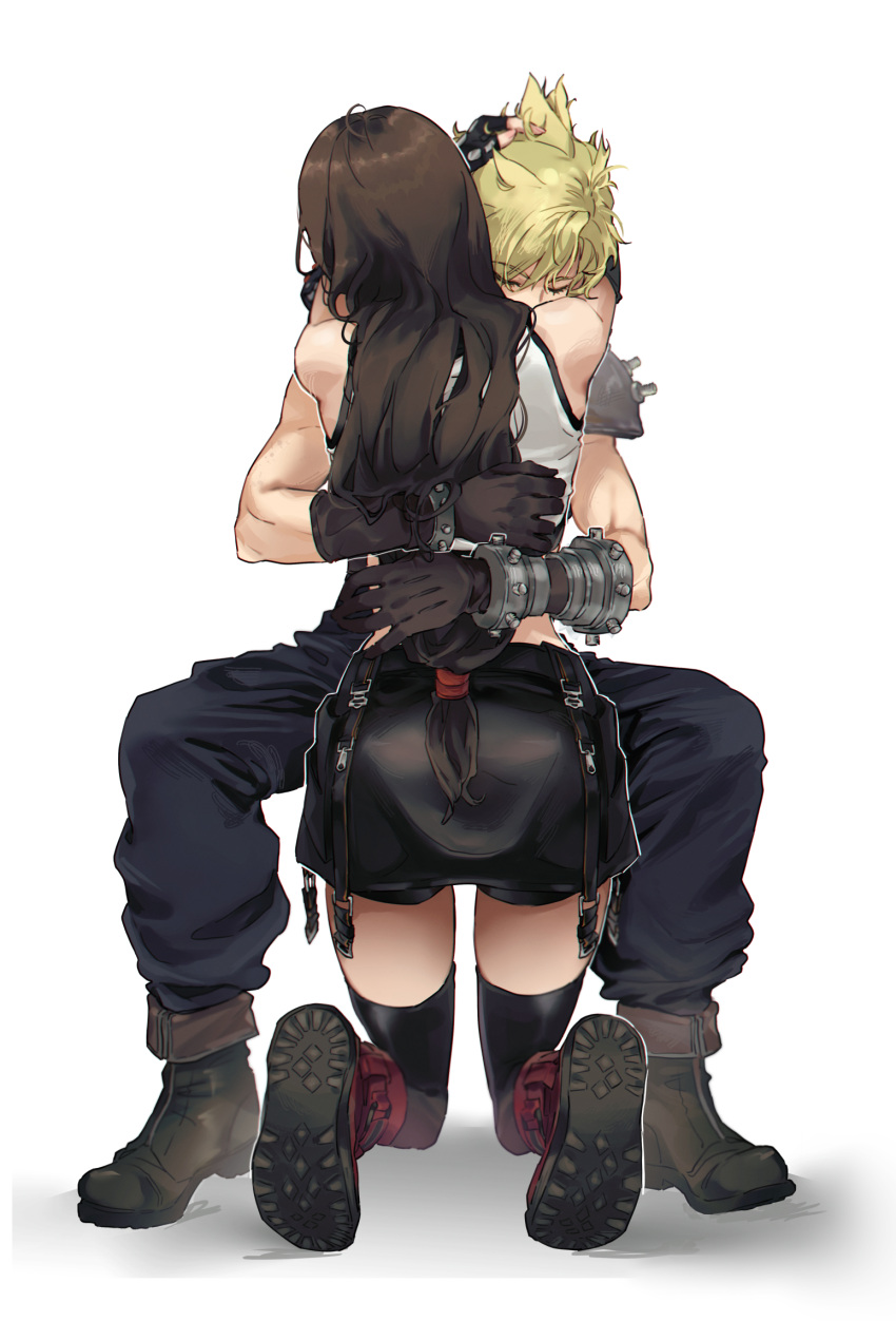 1boy 1girl armor arms_around_neck baggy_pants bare_shoulders bike_shorts_under_skirt black_gloves black_hair black_skirt black_thighhighs blonde_hair blue_pants boots brown_hair closed_eyes cloud_strife commentary couple crop_top elbow_gloves english_commentary final_fantasy final_fantasy_vii final_fantasy_vii_rebirth final_fantasy_vii_remake fingerless_gloves from_behind full_body gloves hands_on_another's_back hands_on_another's_head head_on_another's_shoulder highres hug invisible_chair kneeling long_hair low-tied_long_hair pants pudelmudel red_footwear shoulder_armor single_bare_shoulder sitting skirt spiked_hair tank_top thighhighs tifa_lockhart white_background white_tank_top