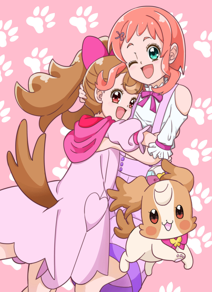 3girls absurdres bow brown_eyes brown_fur clothing_cutout cure_wonderful dog dog_tail dot_nose dress dress_bow dual_persona green_eyes hair_ornament hairclip highres hooded_dress inukai_iroha inukai_komugi inukai_komugi_(dog) multiple_girls one_eye_closed overall_shorts overalls papillon_(dog) pawpads precure purple_bow shaznamul shoulder_cutout tail wonderful_pact wonderful_precure!