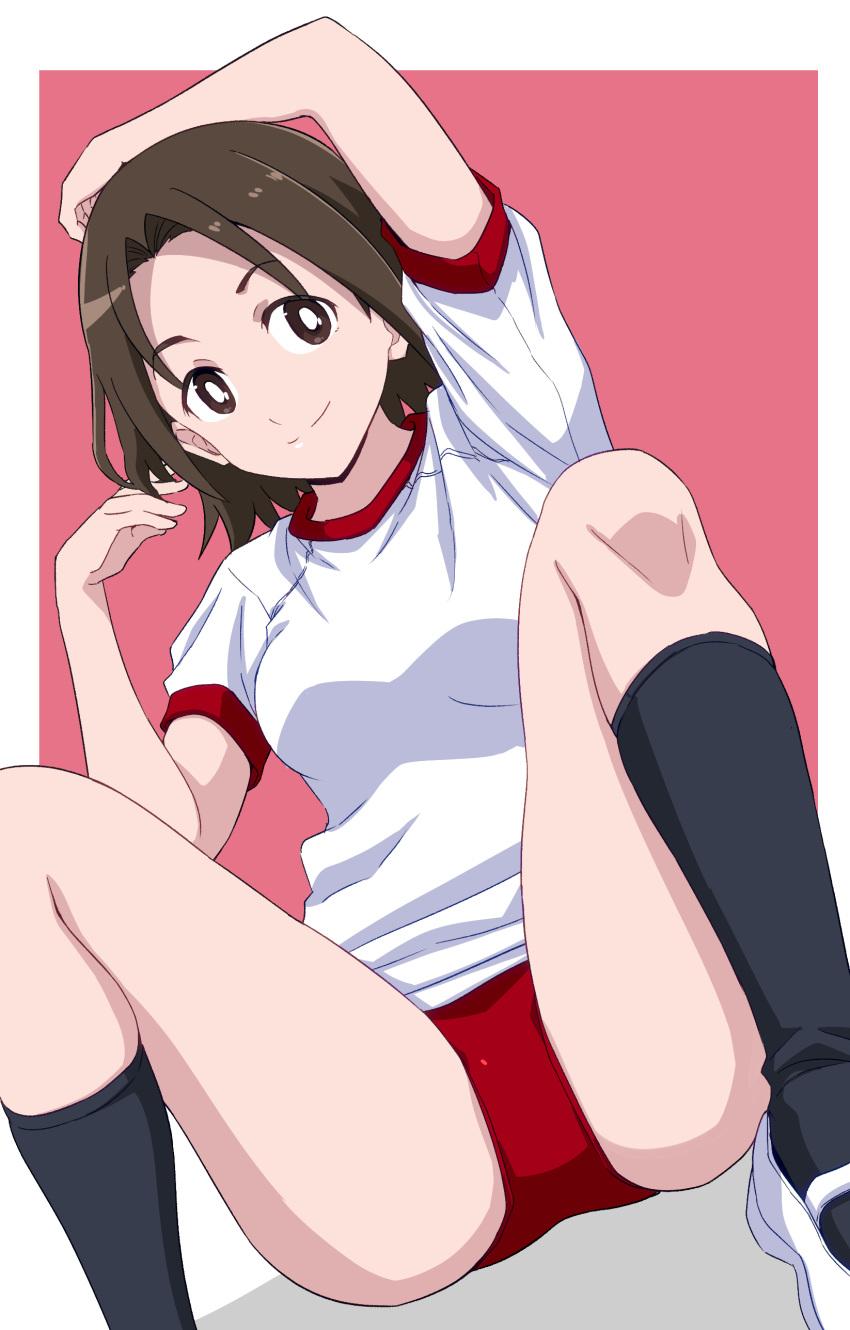 1girl absurdres arm_up black_socks bright_pupils brown_eyes brown_hair buruma closed_mouth commentary dutch_angle girls_und_panzer gym_shirt gym_uniform hand_on_own_head highres looking_at_viewer parted_bangs pink_background ponzu_rui red_buruma sawa_azusa shirt shoes short_hair short_sleeves sitting smile socks solo t-shirt uwabaki white_pupils white_shirt