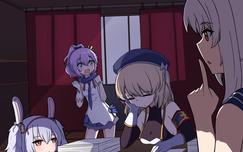 4girls absurdres animal_ears armband ayanami_(azur_lane) azur_lane bare_shoulders beret black_ribbon black_sailor_collar black_sleeves blue_eyes blue_headwear blue_skirt bow breasts brown_eyes brown_hair camisole commentary_request crown curtains detached_sleeves fake_animal_ears finger_to_mouth gloves grey_hair hair_between_eyes hair_bow hair_ribbon hairband hands_up hat hat_bow high_ponytail highres indoors javelin_(azur_lane) laffey_(azur_lane) long_hair long_sleeves medium_breasts mini_crown multiple_girls parted_lips pleated_skirt ponytail purple_hair rabbit_ears red_hairband ribbon rock_zinc sailor_collar shirt shushing single_glove skirt sleeveless sleeveless_shirt small_breasts standing striped_bow twintails white_bow white_camisole white_gloves window z23_(azur_lane)