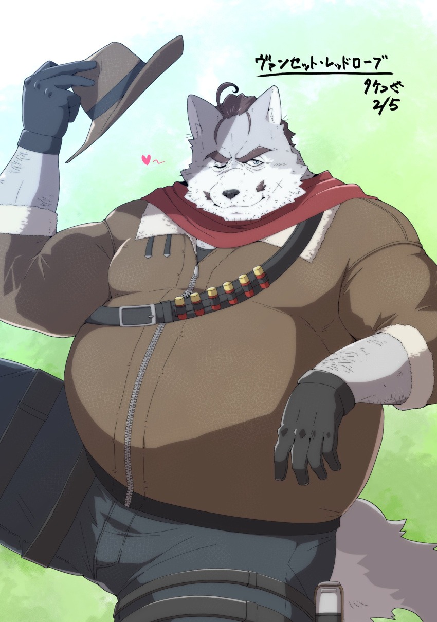 2024 absurd_res anthro belly big_belly bottomwear canid canine canis clothing grey_body hat headgear headwear hi_res humanoid_hands japanese_text kemono male mammal overweight overweight_male pants solo take_tsugu_roh text wolf