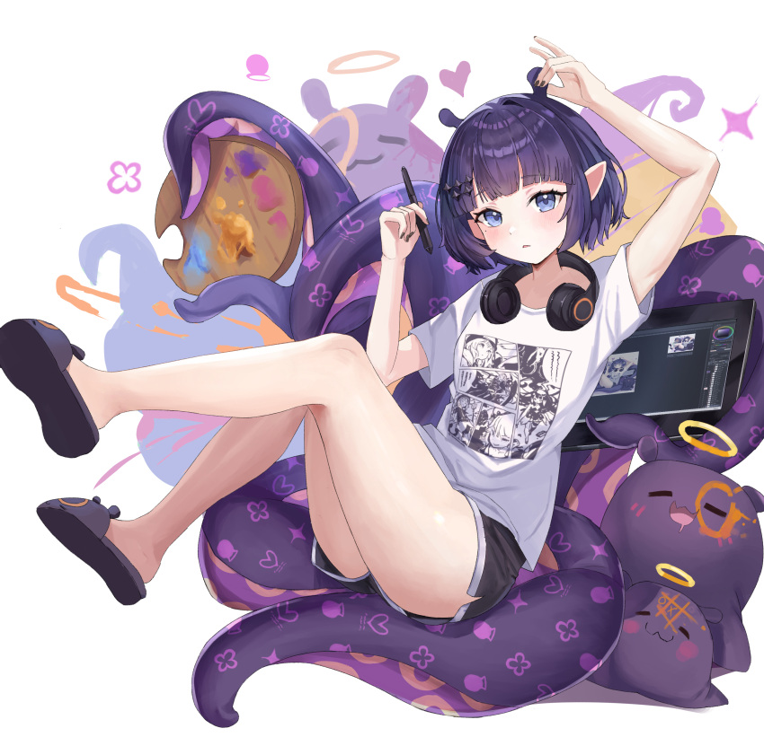 1girl absurdres black_shorts blush breasts headphones headphones_around_neck highres holding holding_stylus hololive hololive_english looking_at_viewer mole mole_under_eye ninomae_ina'nis ninomae_ina'nis_(5th_costume) official_alternate_costume pointy_ears purple_eyes purple_footwear purple_hair robin_chen0419 shirt short_shorts shorts sitting_on_tentacle slippers small_breasts solo stylus tablet_pc takodachi_(ninomae_ina'nis) tentacles virtual_youtuber white_shirt