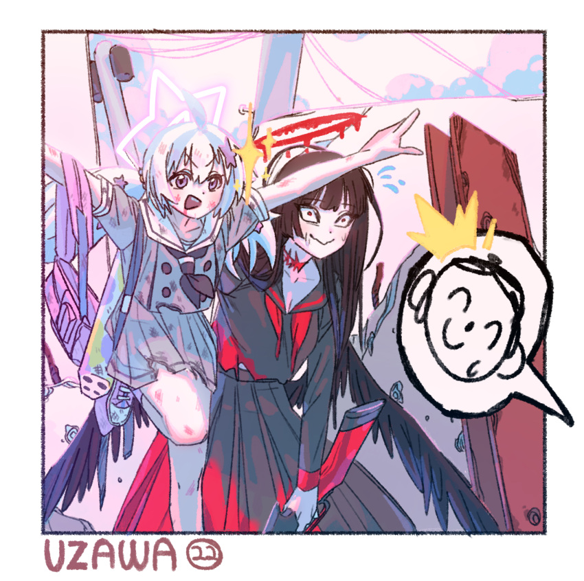2girls ahoge arms_up backpack bag black_hair black_neckerchief black_serafuku black_skirt black_wings blood blood_on_clothes blue_archive blue_eyes blue_hair border closed_mouth doodle_sensei_(blue_archive) feet_out_of_frame foot_out_of_frame grey_jacket grey_shirt grey_skirt gun hair_ornament halo highres jacket light_blue_hair melting_halo multicolored_hair multiple_girls neckerchief open_mouth outdoors outside_border outstretched_arms pararilla pink_bag pink_hair pink_halo pleated_skirt purple_eyes red_eyes red_neckerchief reisa_(blue_archive) sailor_collar school_uniform sensei_(blue_archive) serafuku shirt shotgun skirt smile standard_manufacturing_dp-12 star_(symbol) star_hair_ornament star_halo tsurugi_(blue_archive) twintails weapon white_border wide-eyed winchester_model_1887 wings
