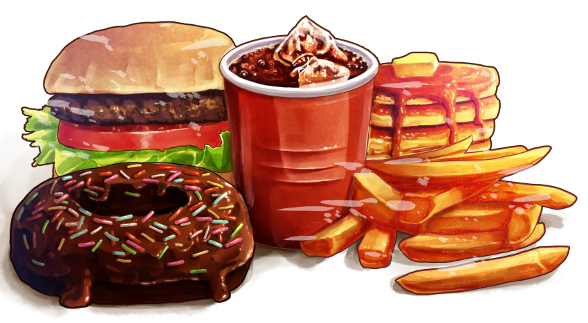 bread burger butter chocolate_doughnut cup disposable_cup doughnut fast_food food food_focus french_fries highres ice ice_cube kaneko_ryou maple_syrup meat no_humans original pancake pancake_stack simple_background still_life tomato white_background