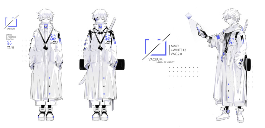 1boy carriann000 coat colored_skin full_body grey_eyes hand_in_pocket katana male_focus reference_sheet shoes standing sword weapon white_background white_coat white_footwear white_hair white_skin