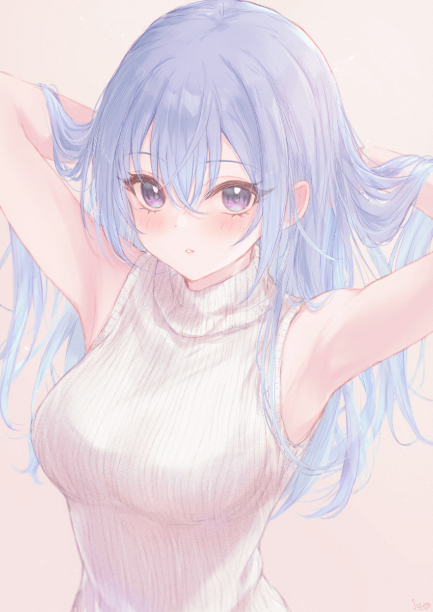 1girl :o armpits arms_behind_head arms_up blue_hair blush breasts gameso hands_in_own_hair highres idolmaster idolmaster_shiny_colors looking_at_viewer medium_breasts purple_eyes ribbed_sweater sleeveless sleeveless_sweater solo suzuki_hana sweater upper_body white_sweater