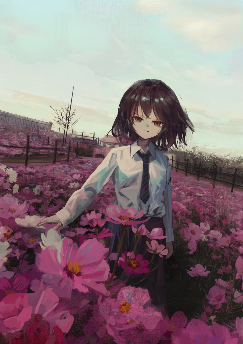 1girl absurdres brown_eyes brown_hair closed_mouth cloud cloudy_sky collared_shirt eliot_(eokaitekaite969) fence field flower flower_field furrowed_brow hair_between_eyes highres long_sleeves looking_at_viewer medium_hair necktie original outdoors pink_flower shirt sky solo standing tree white_shirt wooden_fence