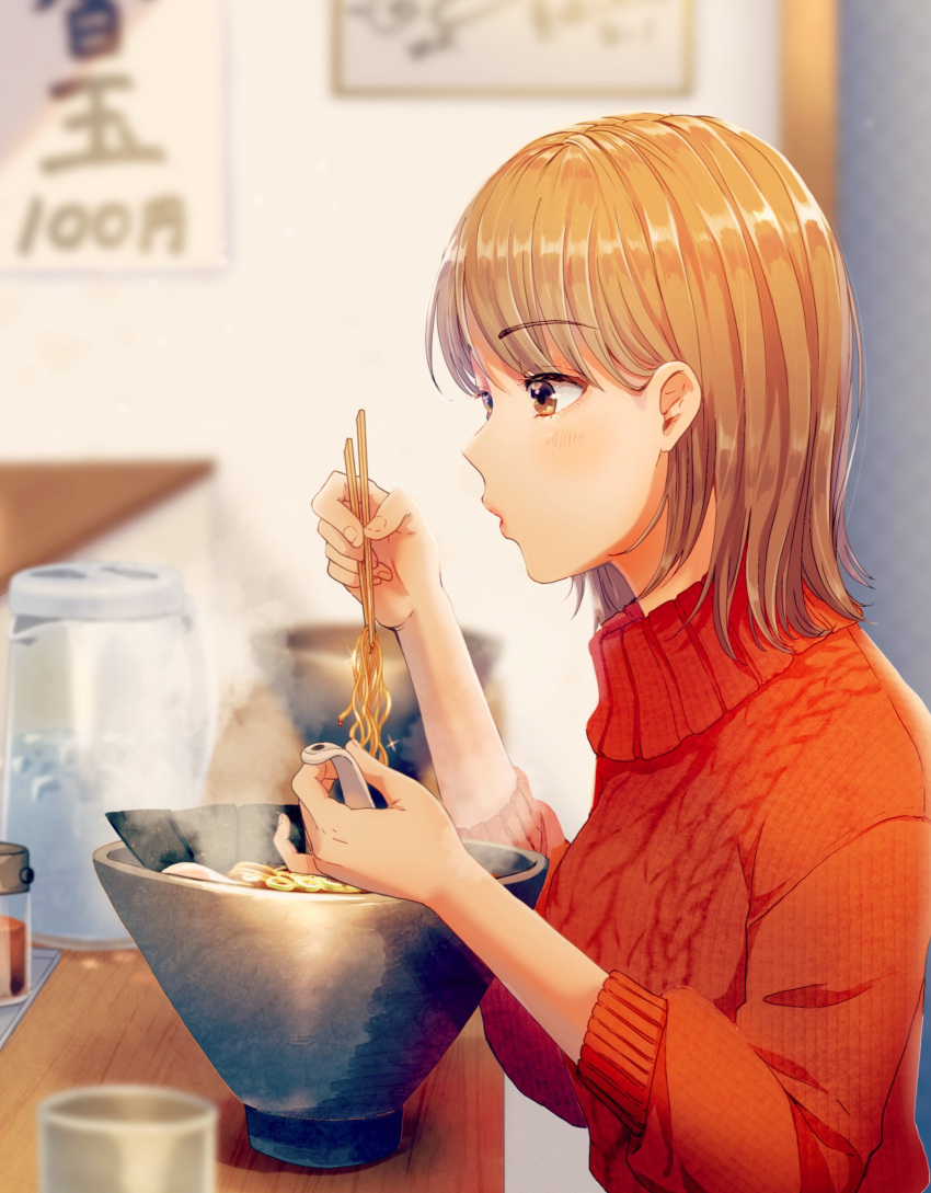 1girl blowing brown_eyes brown_hair chopsticks commentary_request eating eyelashes fingernails food from_side highres holding holding_chopsticks holding_ladle indoors jar ladle long_sleeves looking_at_food making-of_available medium_hair noodles original paid_reward_available parted_lips pink_lips poster_(object) ramen red_sleeves red_sweater shelf sleeves_past_elbows solo sparkle sweater upper_body witoi_(roa)