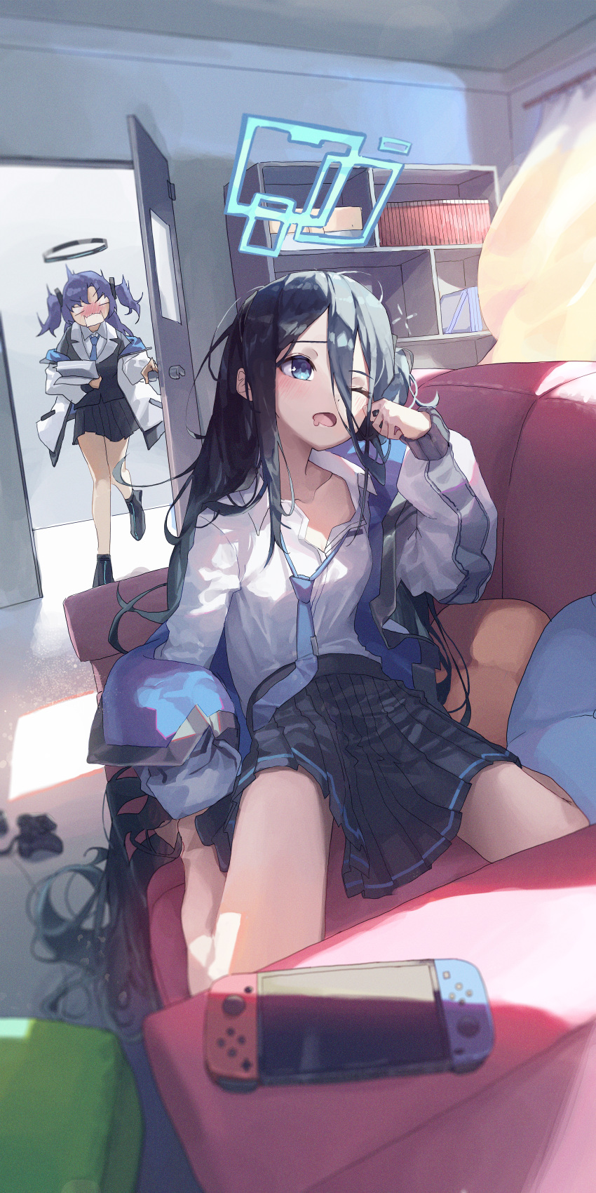 2girls absurdly_long_hair absurdres aris_(blue_archive) black_hair black_skirt blue_archive blue_eyes blue_halo blue_necktie breasts cleavage collared_shirt drooling halo highres hone_(hone_art) indoors jacket long_hair long_sleeves mechanical_halo mouth_drool multiple_girls necktie nintendo_switch one_eye_closed one_side_up open_clothes open_jacket open_mouth pleated_skirt purple_hair shirt skirt small_breasts suit two_side_up very_long_hair white_jacket white_shirt yuuka_(blue_archive)