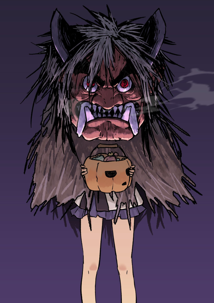 1girl alternate_costume bucket candy commentary_request facing_viewer feet_out_of_frame food gradient_background halloween halloween_bucket halloween_costume highres holding holding_bucket mask miniskirt oni_mask pleated_skirt purple_background purple_skirt sharp_teeth skirt solo standing steam_from_mouth straw_cape teeth touhoku_kiritan tusks two-handed voiceroid yamadori_seika