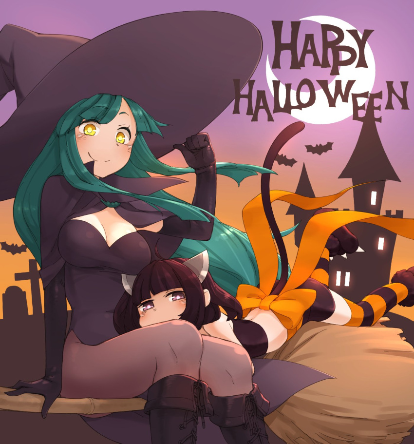 2girls ahoge alternate_costume back_bow bat_(animal) bike_shorts black_cape black_gloves black_leotard black_tube_top blunt_bangs boots bow breasts broom broom_riding cape castle cat_tail cleavage closed_mouth commentary_request crescent_moon elbow_gloves feet_out_of_frame gloves green_hair halloween_costume hand_on_headwear hand_up happy_halloween hat headgear highres knee_boots large_breasts leotard long_hair lying lying_on_lap midriff mochi_(mochi444420) moon multiple_girls on_stomach orange_bow orange_thighhighs pantyhose paw_shoes siblings sisters sitting smile strapless striped_clothes striped_thighhighs tail tail_raised thighhighs tombstone touhoku_kiritan touhoku_zunko tube_top voiceroid witch witch_hat yellow_eyes
