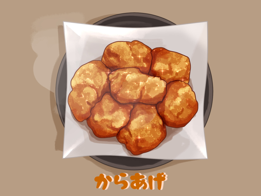 chicken_(food) food food_focus fried_chicken grey_background highres kaneko_ryou napkin no_humans original plate simple_background steam still_life