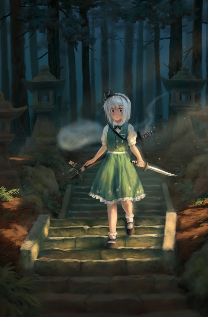 black_footwear black_headband flower green_jacket green_skirt headband highres jacket konpaku_youmu looking_down moss red_eyes satellitedragon sheath sheathed short_sleeves short_sword skirt stairs sword tantou touhou tree walking weapon wide-eyed