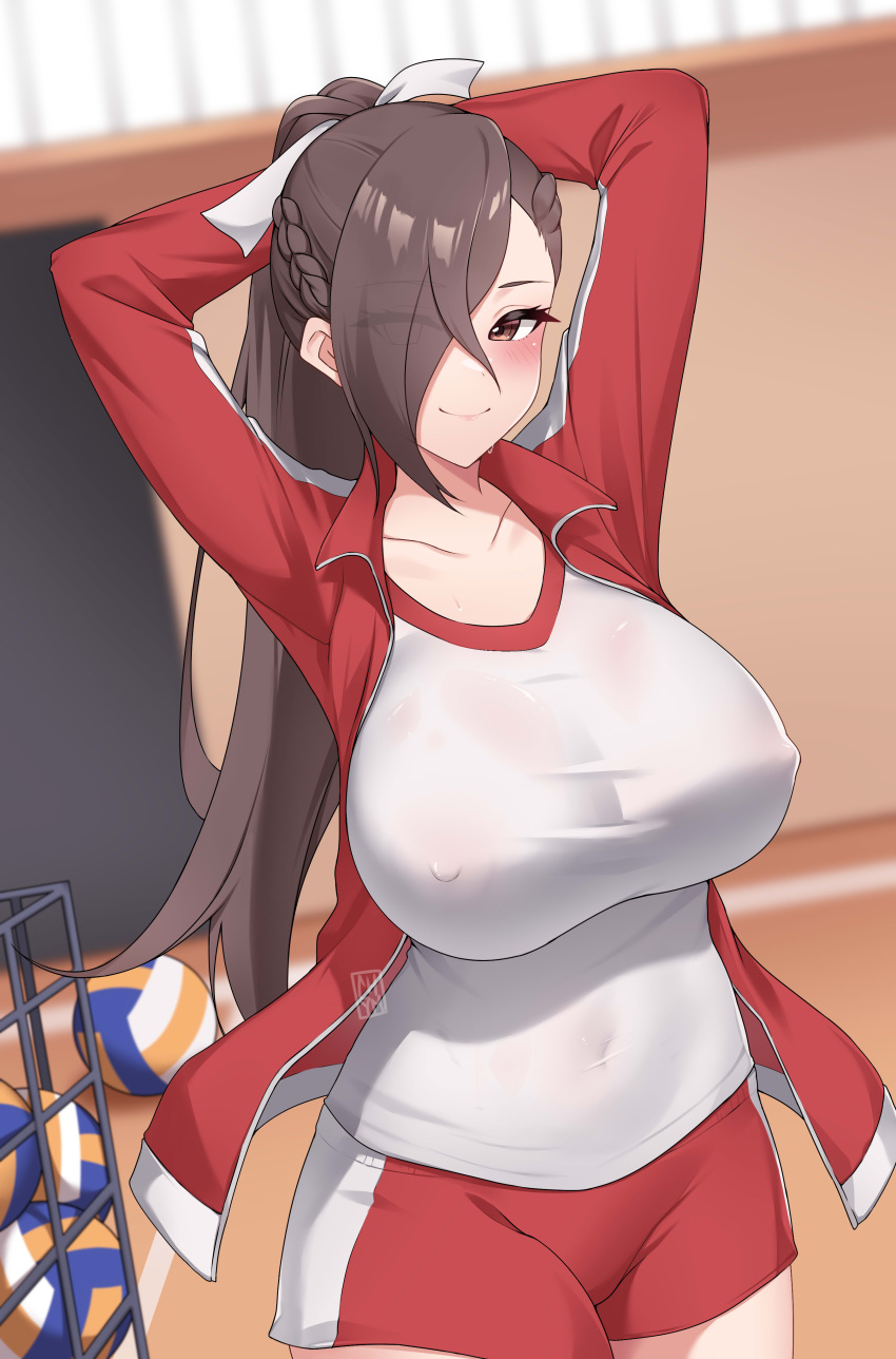 1girl absurdres alternate_costume arms_behind_head blush breasts brown_eyes brown_hair chym39 commission covered_navel covered_nipples fire_emblem fire_emblem_fates gym gym_shorts gym_uniform hair_over_one_eye highres indoors jacket kagero_(fire_emblem) large_breasts long_hair looking_at_viewer nipples ponytail red_jacket red_shorts shirt shorts smile solo volleyball white_shirt