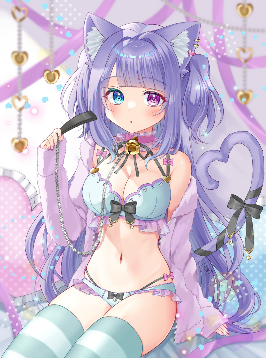 1girl animal_ears aqua_bra aqua_panties aqua_thighhighs bed bell blue_eyes bow bow_bra bow_panties bra breasts cat_ears cat_girl cat_tail cleavage collar detached_collar frilled_bra frilled_collar frilled_panties frills fur_shirt hair_intakes heterochromia highres holding indoors leash lingerie long_hair long_sleeves medium_breasts momomoyn multi-strapped_panties navel neck_bell no_pants off_shoulder on_bed open_clothes open_shirt original panties parted_lips pillow purple_eyes purple_shirt ribbon shirt sitting solo striped_clothes striped_thighhighs tail tail_ornament tail_ribbon thighhighs two_side_up underwear very_long_hair