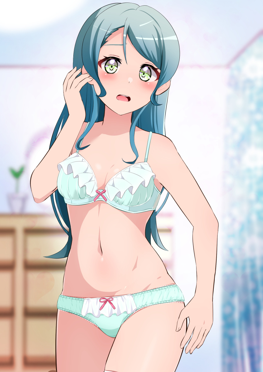 1girl absurdres aqua_bra aqua_hair aqua_panties bang_dream! blurry blurry_background bow bow_bra bow_panties bra breasts commentary_request commission crotch_seam depth_of_field frilled_bra frilled_panties frills hand_in_own_hair highres hikawa_sayo indoors kisaragi_setsu_(mssk8485) lace-trimmed_panties lace_trim long_hair looking_at_viewer medium_breasts panties partial_commentary pixiv_commission solo standing underwear underwear_only yellow_eyes