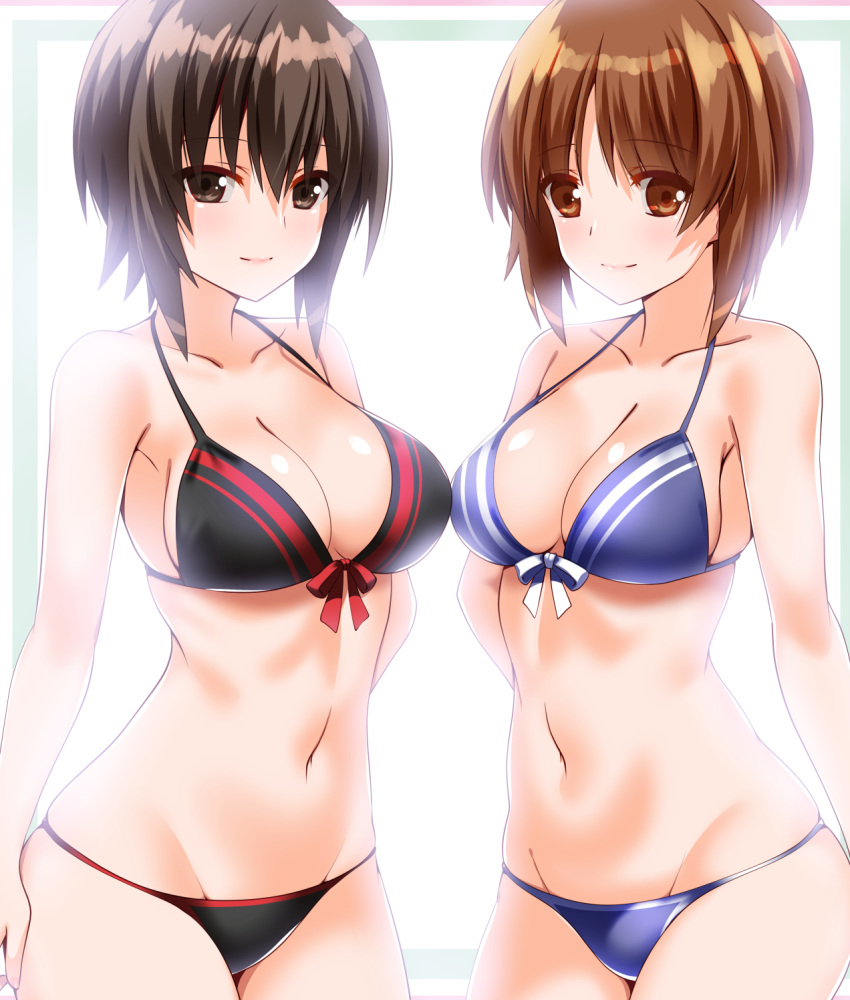 2girls bikini black_bikini black_hair blue_bikini breasts brother_and_sister brown_eyes cleavage engo_(aquawatery) front-tie_bikini_top front-tie_top girls_und_panzer groin highres large_breasts lowleg lowleg_bikini multiple_girls nishizumi_maho nishizumi_miho short_hair siblings simple_background sisters standing swimsuit two-tone_bikini white_background