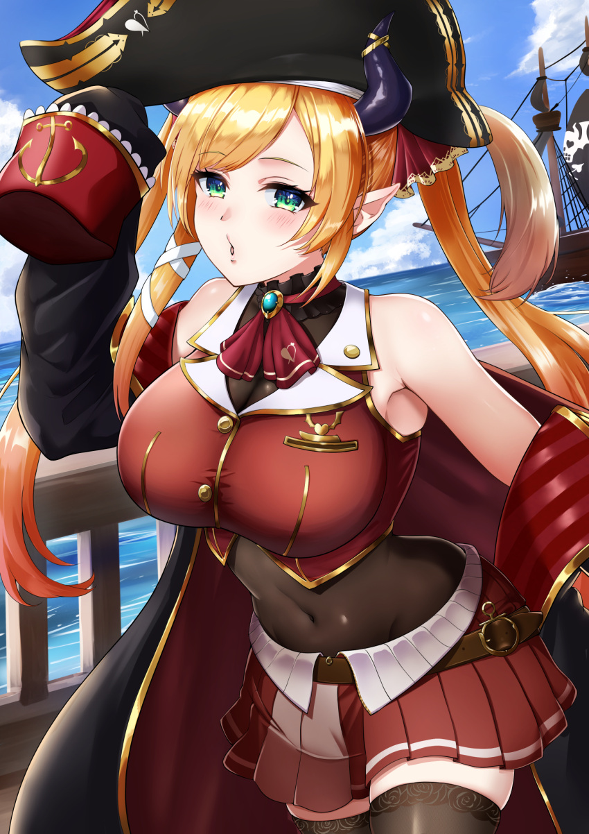 1girl ascot belt black_choker black_coat black_thighhighs blonde_hair blue_eyes blue_sky blush breasts brown_belt choker cleavage cloud coat cosplay covered_navel cropped_jacket demon_girl demon_horns frilled_choker frills hair_ribbon hat highres hololive horns houshou_marine houshou_marine_(1st_costume) houshou_marine_(cosplay) jacket large_breasts leather_belt leotard leotard_under_clothes long_hair looking_at_viewer ocean pirate_hat pirate_ship pleated_skirt pointy_ears red_ascot red_coat red_jacket red_ribbon red_skirt ribbon skirt sky sleeveless sleeveless_jacket sleeves_past_fingers sleeves_past_wrists suzuki_(white-world) thighhighs twintails two-sided_coat two-sided_fabric virtual_youtuber yuzuki_choco