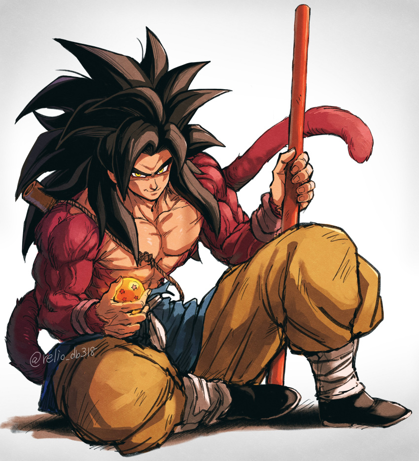 1boy absurdres biceps body_fur dragon_ball dragon_ball_(object) dragon_ball_gt highres looking_at_viewer male_focus monkey_boy monkey_tail muscular muscular_male no_nipples pants pectorals red_fur relio_db318 ruyi_jingu_bang shirt simple_background smile solo son_goku spiked_hair super_saiyan super_saiyan_4 tail torn_clothes torn_shirt veins veiny_hands yellow_pants