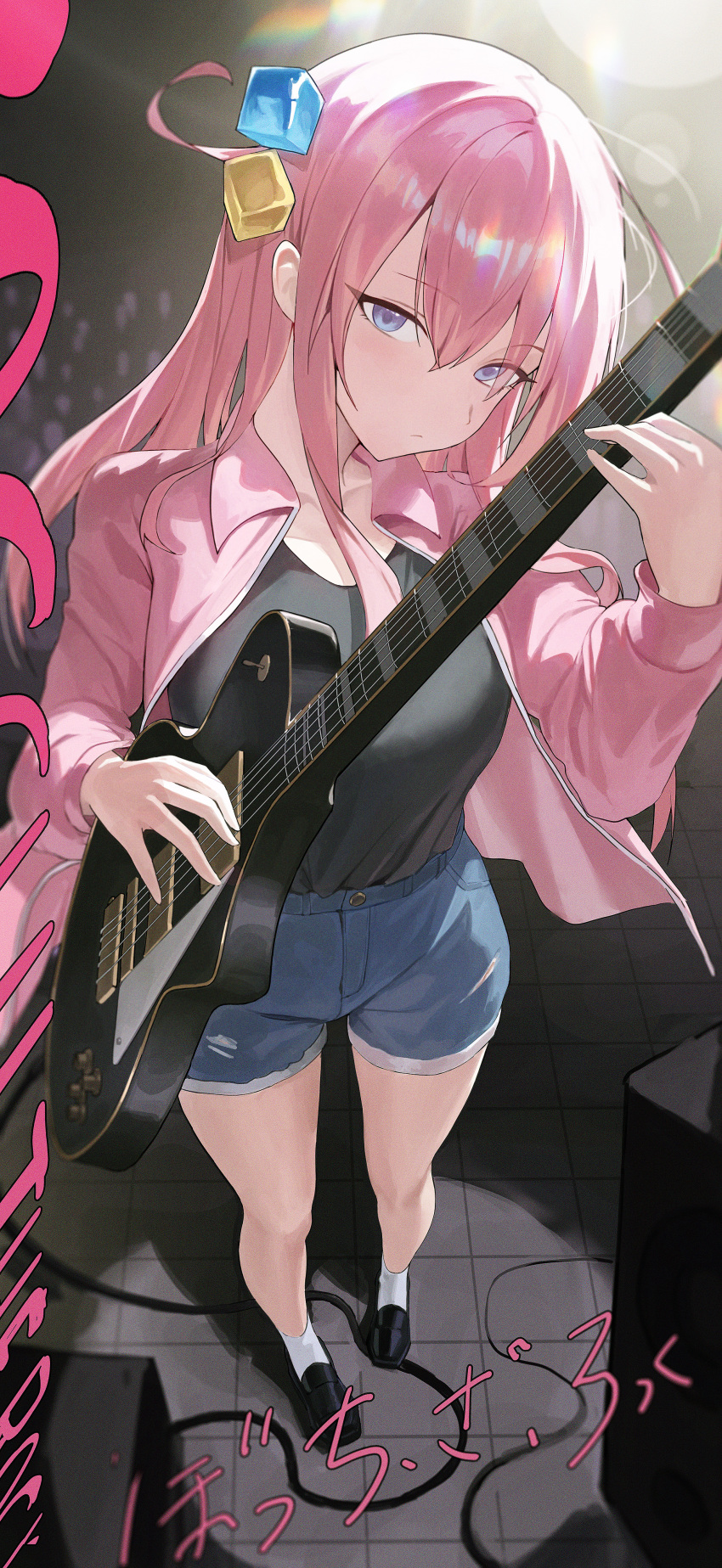 1girl absurdres bare_legs black_c_(net_dust) black_shirt blush bocchi_the_rock! breasts copyright_name cube_hair_ornament cutoffs denim denim_shorts electric_guitar full_body gibson_les_paul glowstick gotoh_hitori guitar hair_ornament highres holding holding_instrument instrument jacket looking_at_viewer medium_breasts one_side_up pink_hair pink_jacket shirt shorts solo tile_floor tiles track_jacket