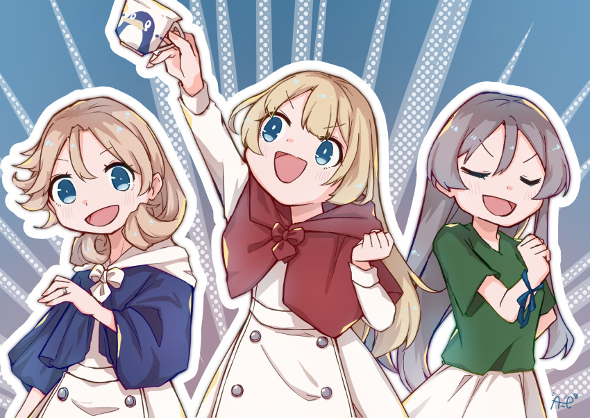 3girls akazukin_chacha ane_hoshimaru blonde_hair blue_shawl cow cup dress failure_penguin green_shirt grey_hair hair_between_eyes highres hood hood_down janus_(kancolle) javelin_(kancolle) jervis_(kancolle) kantai_collection long_hair medium_hair multiple_girls open_mouth pool red_down red_hood shawl shirt skirt smile teacup white_dress white_skirt