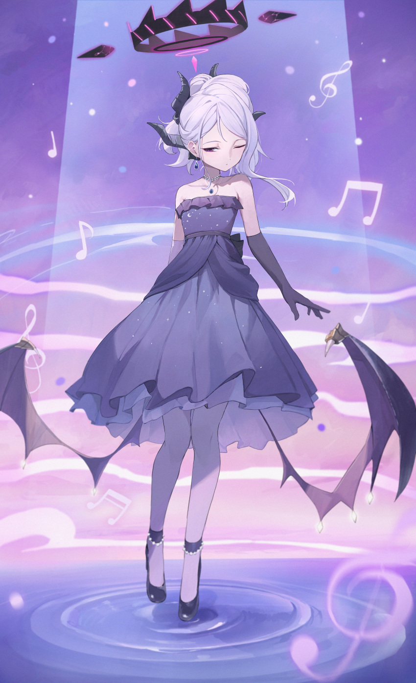 1girl absurdres black_horns blue_archive closed_mouth demon_horns demon_wings enokinoko1010 full_body grey_hair halo highres hina_(blue_archive) hina_(dress)_(blue_archive) horns long_hair official_alternate_costume official_alternate_hairstyle one_eye_closed purple_eyes purple_wings solo wings