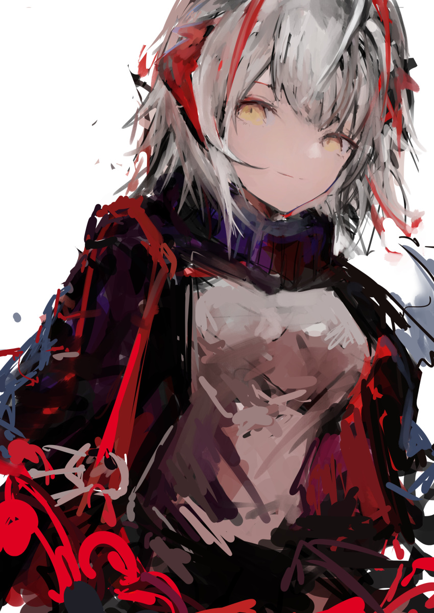 1girl antenna_hair antennae arknights black_jacket breasts commentary demon_girl demon_horns grey_hair grey_shirt highres horns jacket lch light_smile medium_breasts open_clothes open_jacket red_horns shirt solo upper_body w_(arknights) white_background yellow_eyes