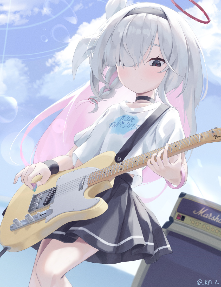 1girl absurdres amplifier black_choker black_hairband black_skirt blue_archive choker closed_mouth electric_guitar grey_hair guitar hair_over_one_eye hairband halo highres holding holding_instrument instrument kenma_pro long_hair looking_at_viewer music pink_eyes plana_(blue_archive) playing_instrument pleated_skirt red_halo shirt short_sleeves skirt solo twitter_username white_shirt