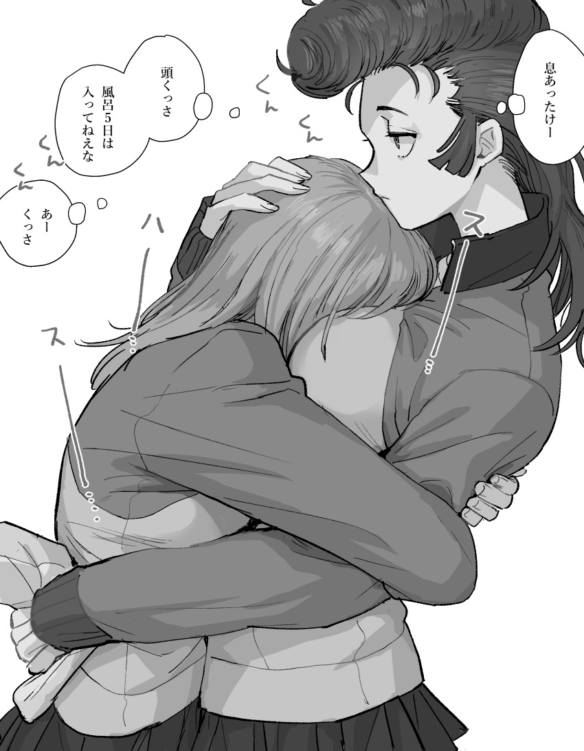 2girls absurdres breasts expressionless face_to_breasts from_side girls_und_panzer greyscale half-closed_eyes hand_on_another's_head highres hug jacket katsuoboshi long_hair mika_(girls_und_panzer) monochrome multiple_girls pompadour profile skirt thought_bubble translation_request unworn_headwear yuri yuri_(girls_und_panzer)
