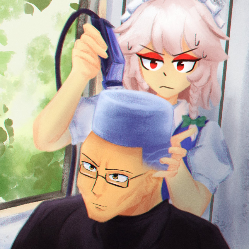 1boy 1girl alternate_hairstyle arm_up barber_cape blue_hair bow braid concentrating cutting_hair eyeshadow flattop glasses grey_hair hair_bow hair_clipper highres izayoi_sakuya lad_der maid_headdress makeup medium_hair meme morichika_rinnosuke puffy_short_sleeves puffy_sleeves red_eyes red_eyeshadow short_hair short_sleeves sweat touhou upper_body v-shaped_eyebrows yellow_eyes