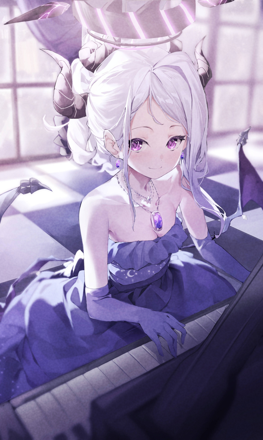 1girl absurdres blue_archive dress earrings elbow_gloves gloves halo highres hina_(blue_archive) horns instrument jewelry kiro_(kirotayu) necklace official_alternate_costume piano strapless