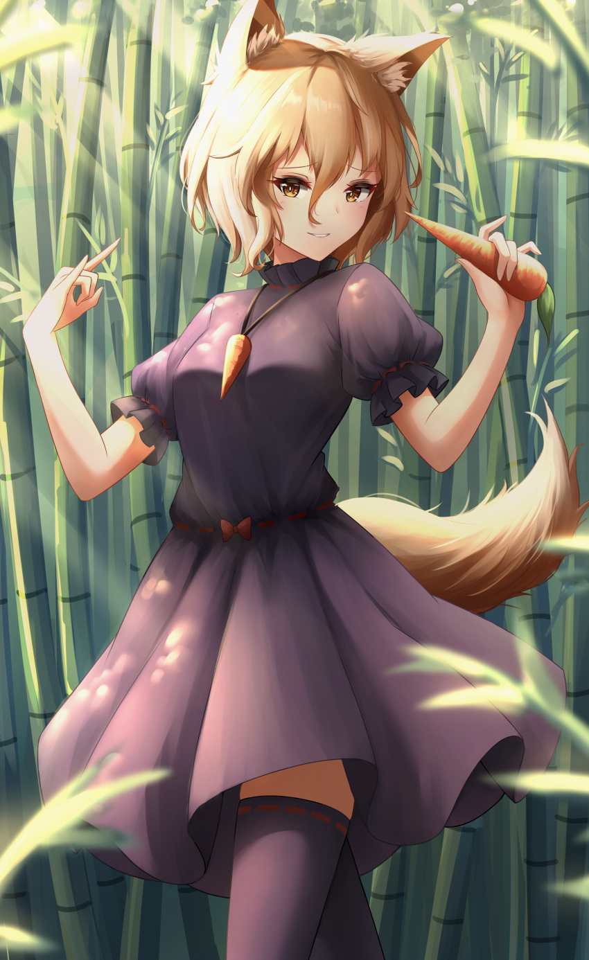 1girl absurdres animal_ear_fluff animal_ears bamboo bamboo_forest black_dress black_thighhighs brown_eyes brown_hair carrot carrot_necklace commentary commission cosplay dress english_commentary forest fox_ears fox_tail hair_between_eyes highres inaba_tewi inaba_tewi_(cosplay) jewelry kudamaki_tsukasa kuneamorai nature necklace outdoors short_hair solo tail thighhighs touhou