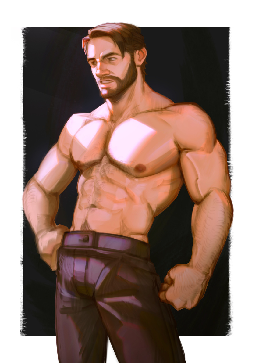 1boy abs absurdres bara beard brown_hair character_request contrapposto cowboy_shot facial_hair full_beard hairy highres large_pectorals looking_ahead mature_male muscular muscular_male navel navel_hair ningningmother nipples pants pectorals red_dead_redemption_2 solo sparse_arm_hair sparse_chest_hair sparse_navel_hair standing stomach thick_eyebrows topless_male