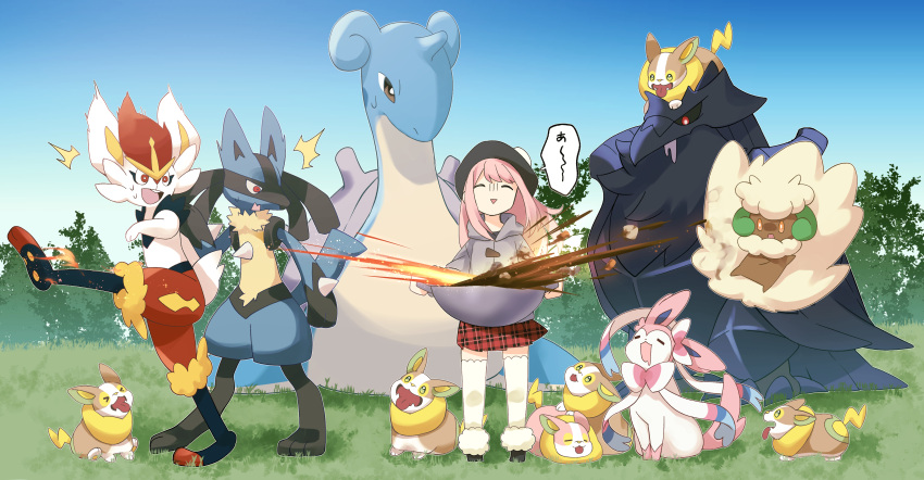 1girl absurdres cardigan cinderace corviknight day drooling food full_body gloom_(expression) grass hat highres holding hood hood_down hooded_cardigan isobee kicking lapras long_hair long_sleeves lucario mouth_drool outdoors pink_hair plaid plaid_skirt pokemon pokemon_(creature) pokemon_swsh skirt standing surprised sylveon whimsicott yamper