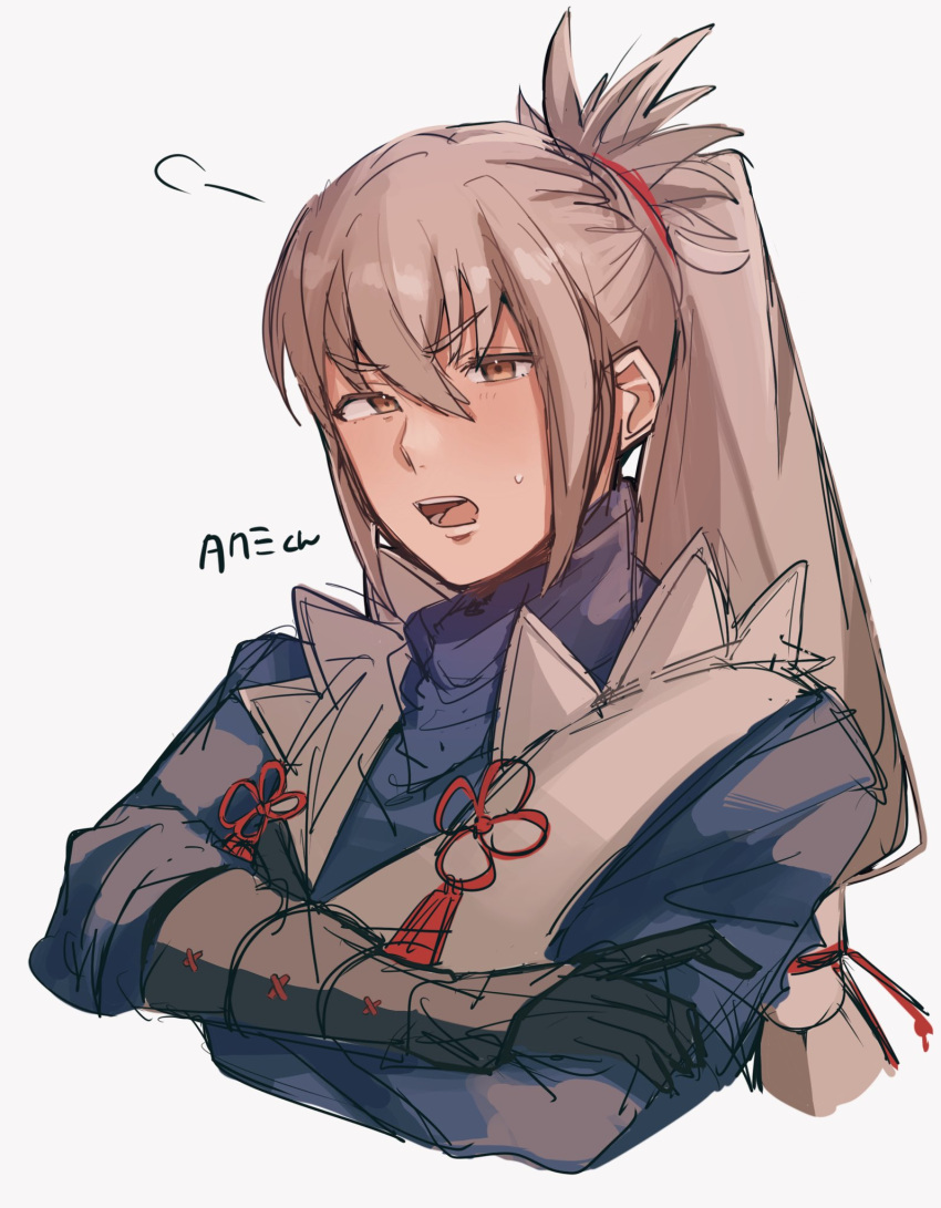 1boy brown_eyes cropped_torso crossed_arms fire_emblem fire_emblem_fates grey_hair hair_between_eyes highres long_hair long_sleeves looking_at_viewer male_focus neko_maru_1027 open_mouth ponytail solo sweatdrop takumi_(fire_emblem) upper_body very_long_hair white_background